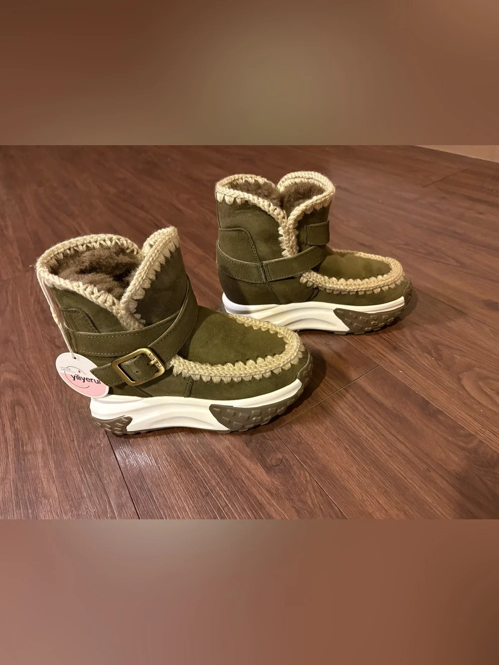 Kids Olive Green Faux-Shearling Winter Boots